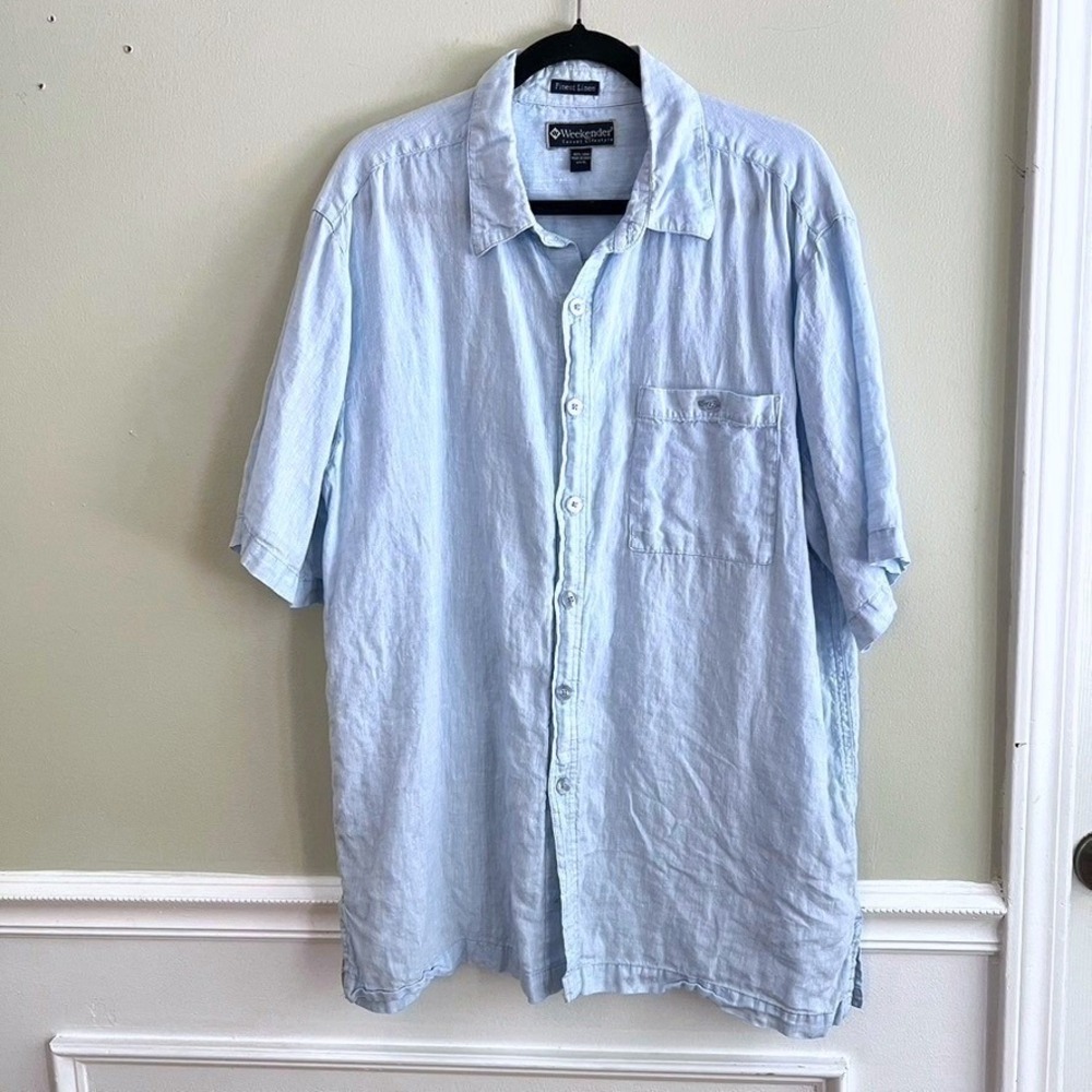 Weekender Button Front Shirt Mens XL 100% Linen Short Sleeve Light Blue‎ Coastal